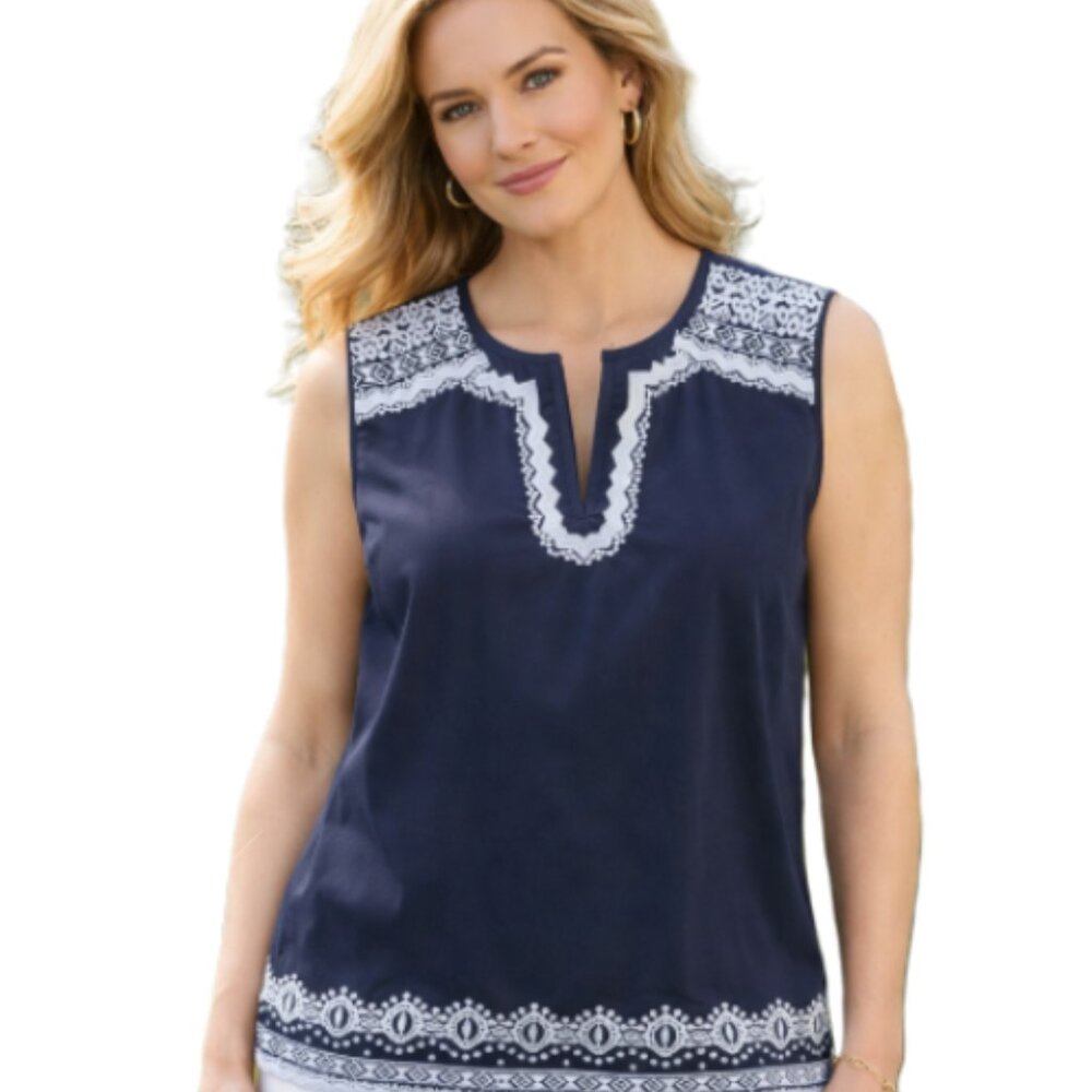 Talbots Embroidered Split Neck Sleeveless Top XL Petite NWT Navy Boho Chic